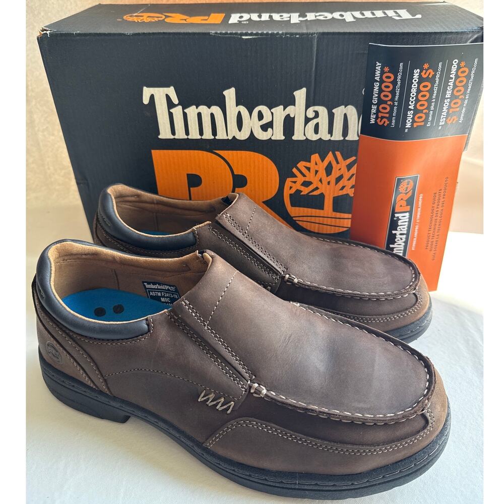 Timberland PRO Work Shoe Branston Men's 9W Safety Moc-Toe Brown Leather Slip-on